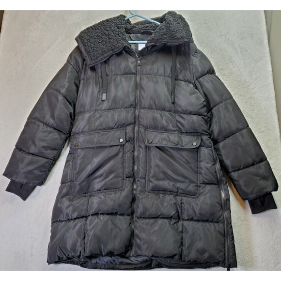 Madden Girl Puffer Coat Womens XL Black Sherpa Lined‎ Hooded Drawstring Full Zip - Picture 1 of 9